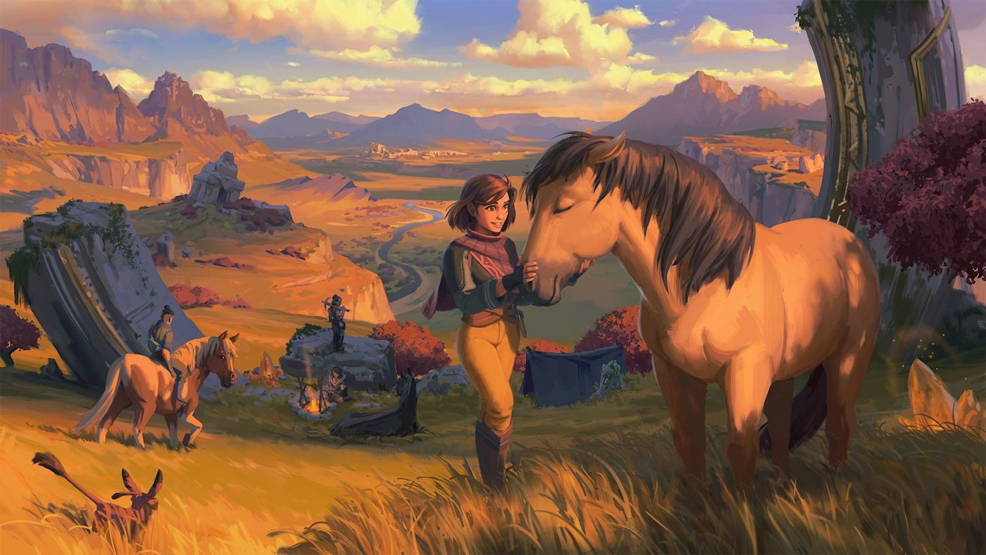 Palia official landscape art with players exploring together
